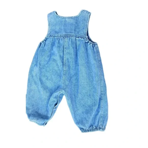 Vintage Hopscotch Girl's 12m Denim Overalls Lace Pink Buttons Ruffles Snap 90s - Picture 3 of 4